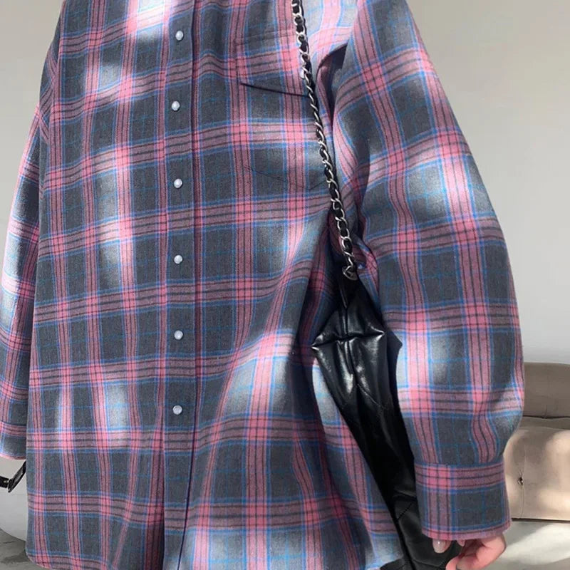 Dames Blouse Oversized Geruit met Zakken Blauw