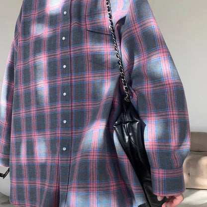 Dames Blouse Oversized Geruit met Zakken Blauw
