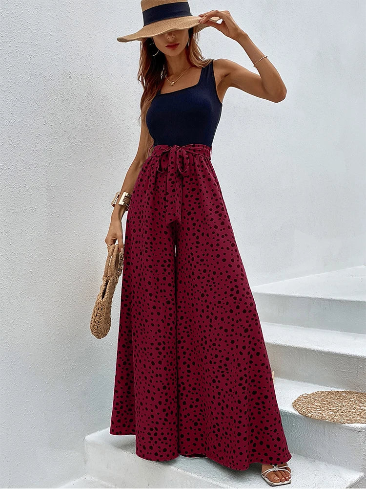 Vrouwelijke Jumpsuit Stippenprint Wijde Pijpen Comfortabel