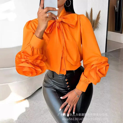 Vrouwen Strikshirt Bloemenpatroon Oranje Zomerse Stijl