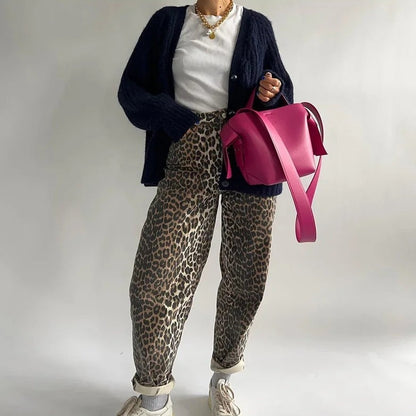 Damesjeans Hoge Taille met Luipaardprint Elastisch