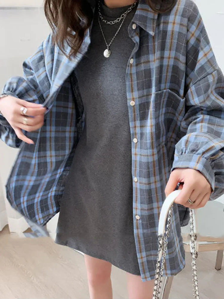 Dames Oversized Hemd Lange Mouwen Blauw Geruit