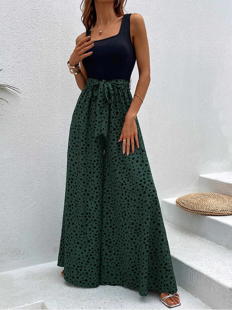 Vrouwelijke Jumpsuit Stippenprint Wijde Pijpen Comfortabel