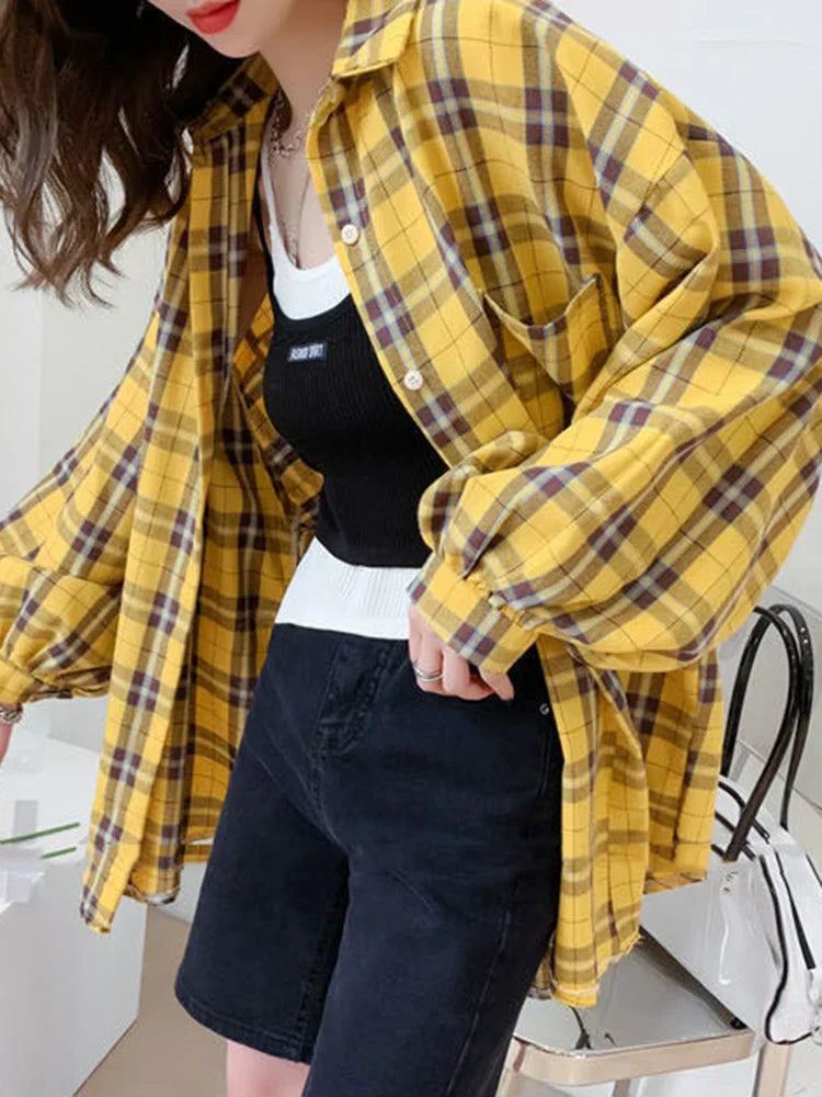 Dames Oversized Hemd Lange Mouwen Geruit Blauw