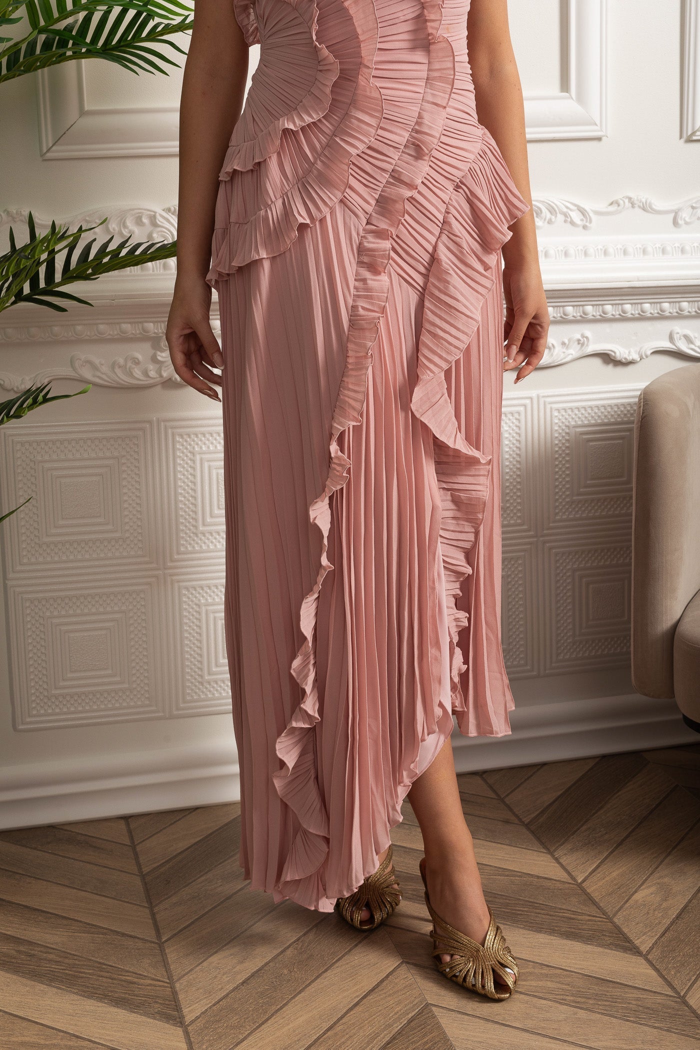 Midi Jurk Roze met Ruches en Plooien