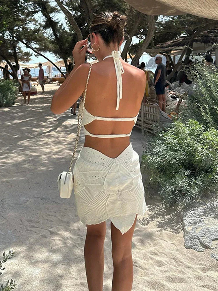 Halter Top en Mini Rok Zomerse Gehaakte Set voor Vrouw