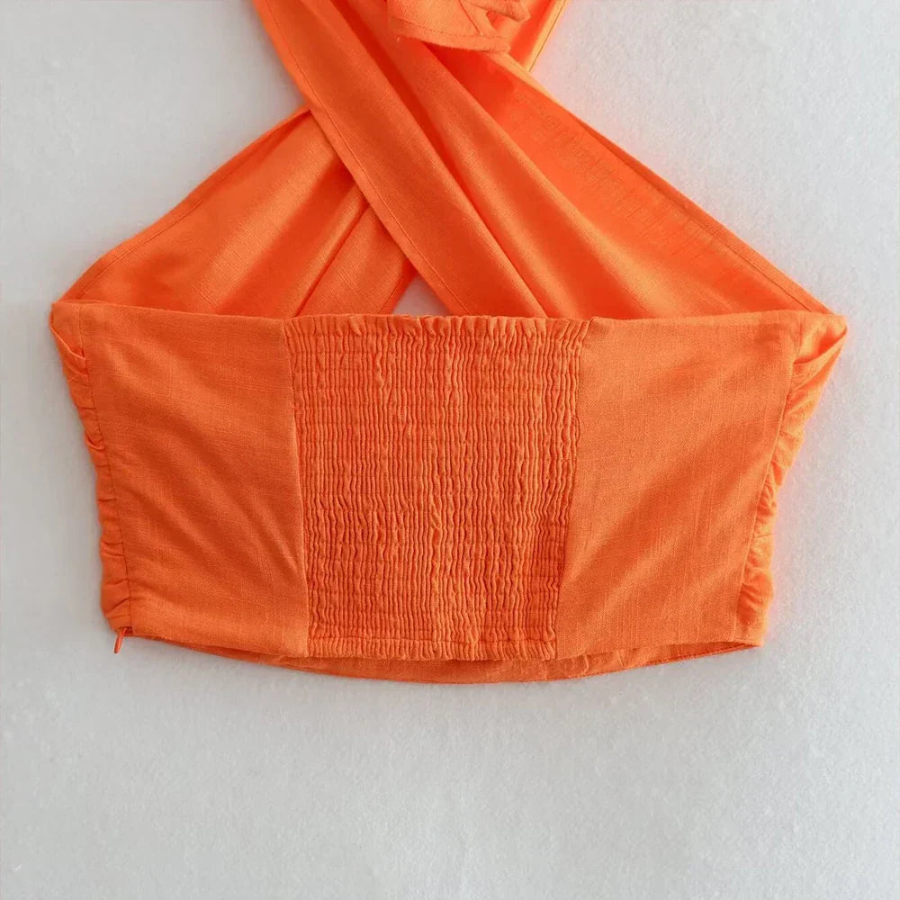 Oranje Haltertop Korte Dames Top Gekruist Design
