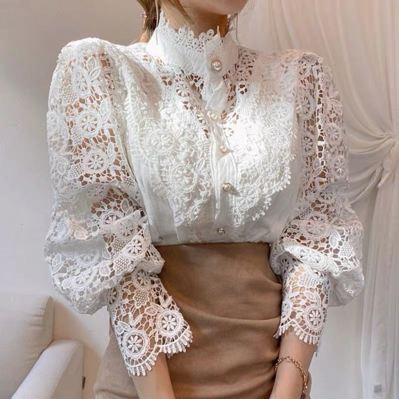 Vrouwelijke Kanten Blouse Elegant Wit