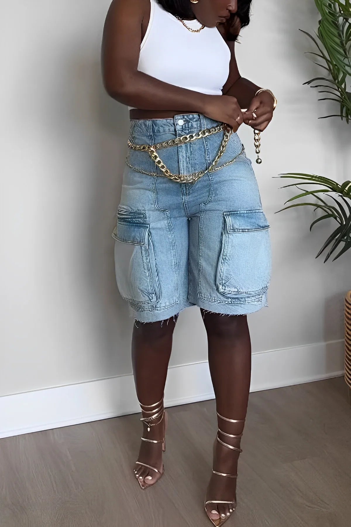 Dames Cargo Shorts Blauwe Denim Comfortabele Zomerbroek
