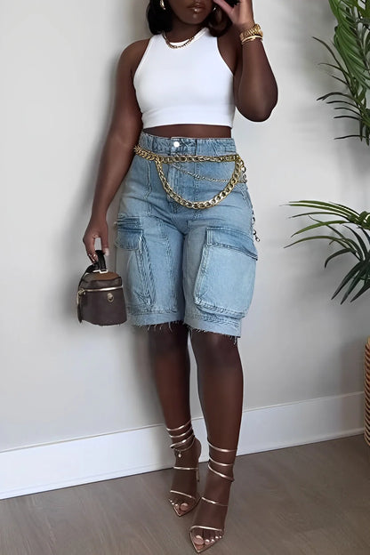 Dames Cargo Shorts Blauwe Denim Comfortabele Zomerbroek
