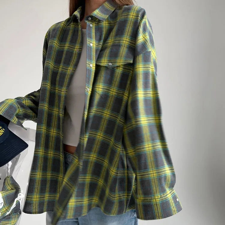Dames Blouse Oversized Geruit met Zakken Blauw