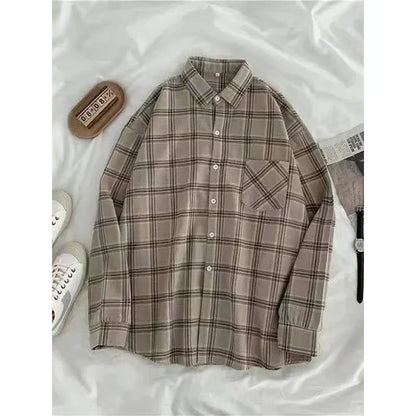 Dames Oversized Overhemd Geruit Khaki Stijl