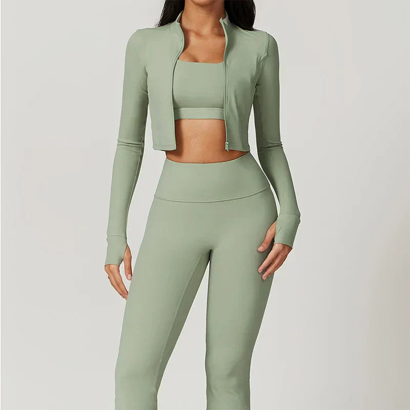 Dames Sportset 3-Delig - Cropped Vest, Sportbh en High Waist Legging