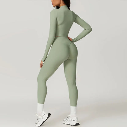 Dames Sportset 3-Delig - Cropped Vest, Sportbh en High Waist Legging