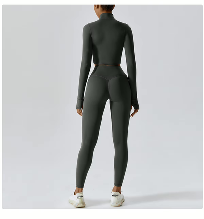 Dames Sportset 3-Delig - Cropped Vest, Sportbh en High Waist Legging