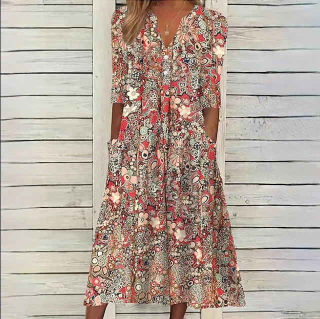Midi Jurk Bloemmotief Elegante Vrouw - StudioMarella