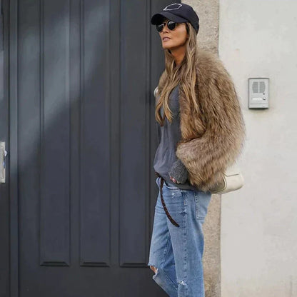 Dames Pluche Jas Imitatiebont Warm en Stijlvol → Dames Pluche Jas Imitatie Bont Warm