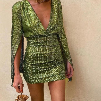 Glamoureuze Glitter Jurk V-Hals Open Rug Feestjurk