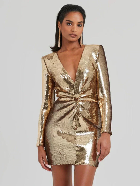 Glitter Jurk Lange Mouw Mini Plissé Pailletten Feestjurk - StudioMarella
