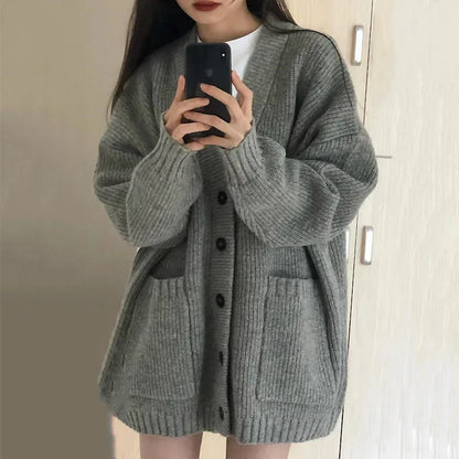 Dames Oversized Trui Cardigan Wit V-Hals