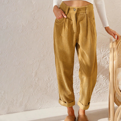 Damesbroek Hoge Taille Corduroy met Opgerolde Pijpen