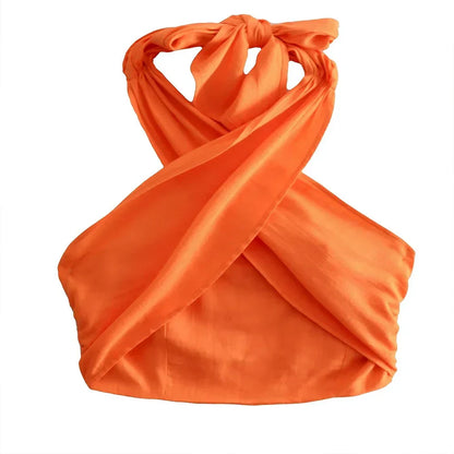 Oranje Haltertop Korte Dames Top Gekruist Design
