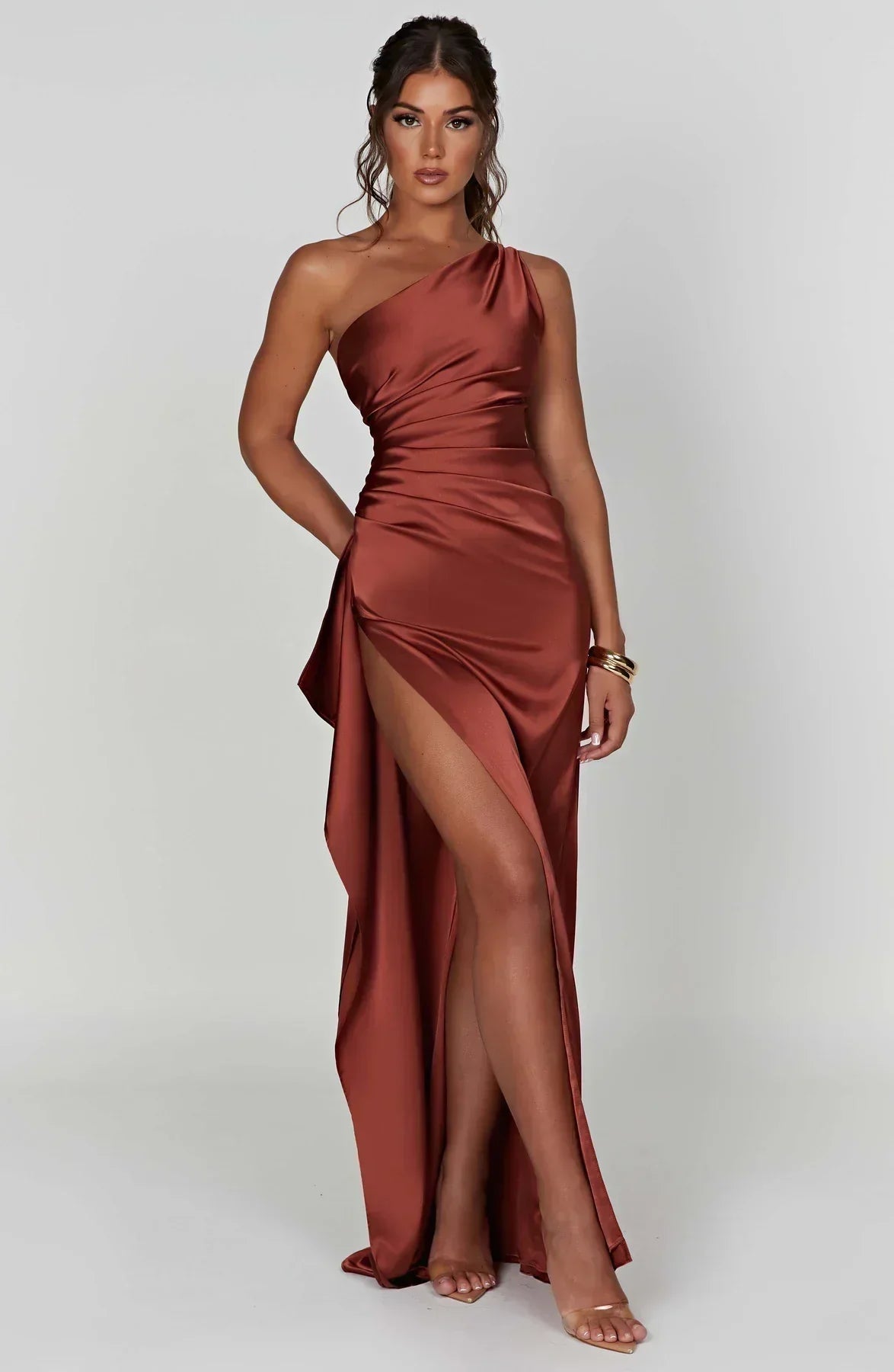 Dames Maxi Avondjurk Satijn One-Shoulder Hoge Split