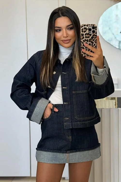 Dames Denim Set - Cropped Jeansjasje en High Waist Minirok → Dames Jeans Set - Cropped Jasje en High Waist Minirok - StudioMarella