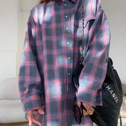 Dames Blouse Oversized Geruit met Zakken Blauw