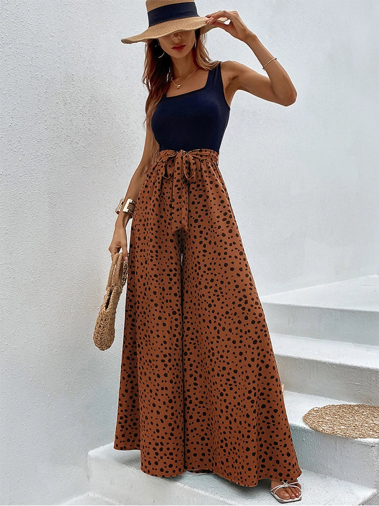 Vrouwelijke Jumpsuit Stippenprint Wijde Pijpen Comfortabel