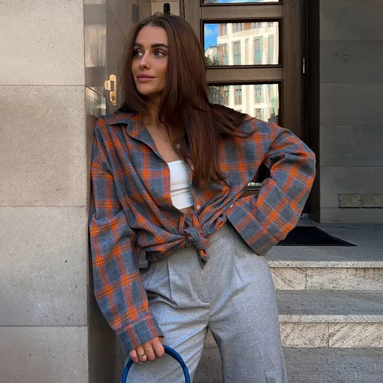 Dames Blouse Oversized Geruit Blauw met Zakken