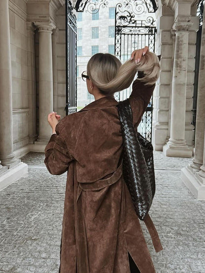 Dames Trenchcoat Suède Lange Jas met Ceintuur
