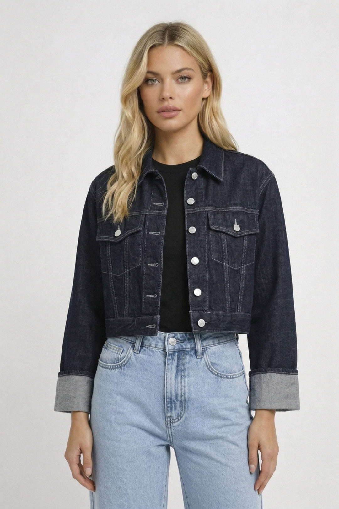 Dames Spijkerjasje Kort Model met Opgerolde Mouwen Casual Look