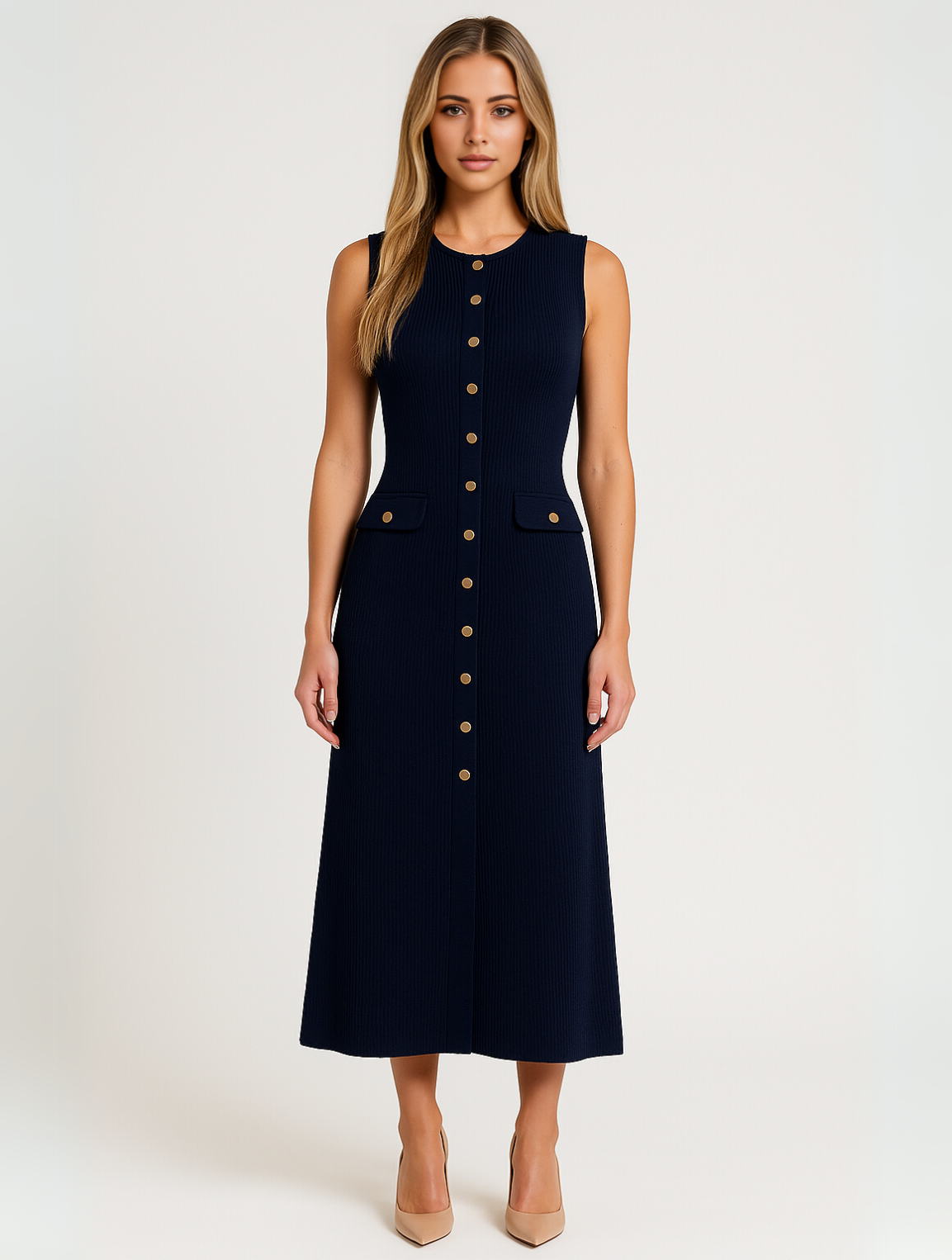 Midi Jurk met Knoopsluiting Zwart Wit Stijlvol - StudioMarella