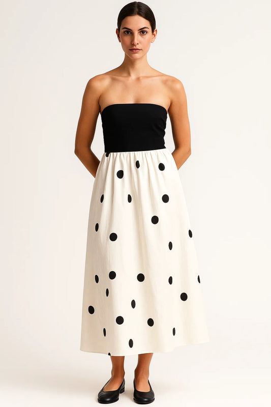 Zomerjurk Dames Strapless Stippenprint Wijde Rok Midi - StudioMarella