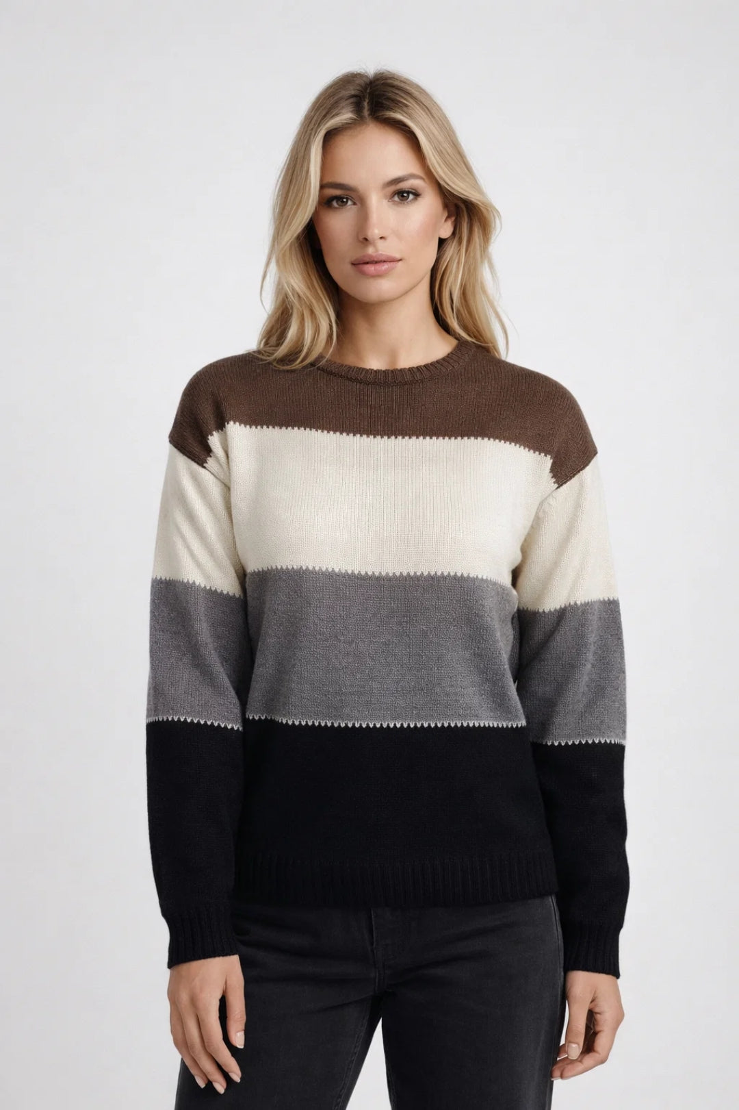 Dames Trui Colorblock Streep Ronde Hals Casual Stijl - StudioMarella