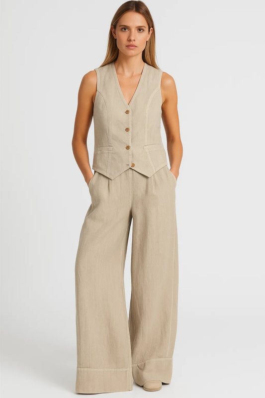 Dames Gilet Set met Wijde Broek en V-Hals Casual - StudioMarella