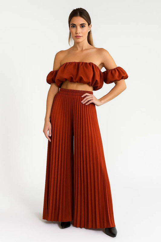 Dames Set - Off Shoulder Crop Top met Wijde Broek Plooien Elegant Jurkstof - StudioMarella