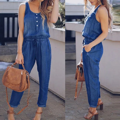 Jumpsuit Denim Blauw Met Knopen en Bandjes - StudioMarella