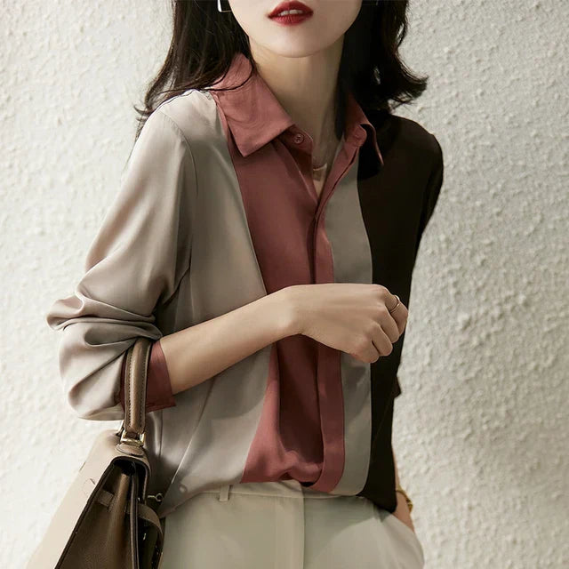 Vrouwelijke Blouse Satijn Knoopsluiting Retro Stijl - StudioMarella