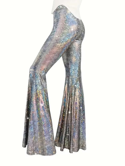 Wijdere broek met holografische afwerking