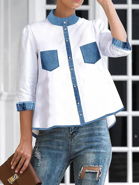 Vrouwelijke Patchwork Blouse Hoog-Laag Model - StudioMarella