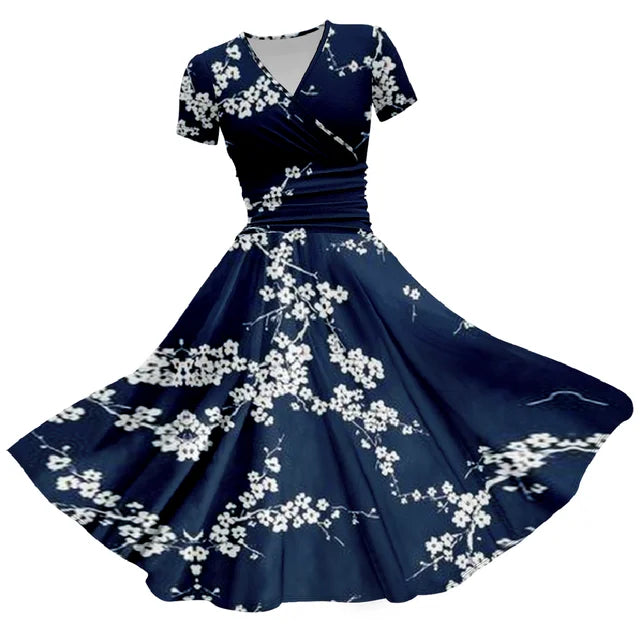 Blauwe Zomerjurk Bloemenprint Elegante Vrouwenjurk - StudioMarella