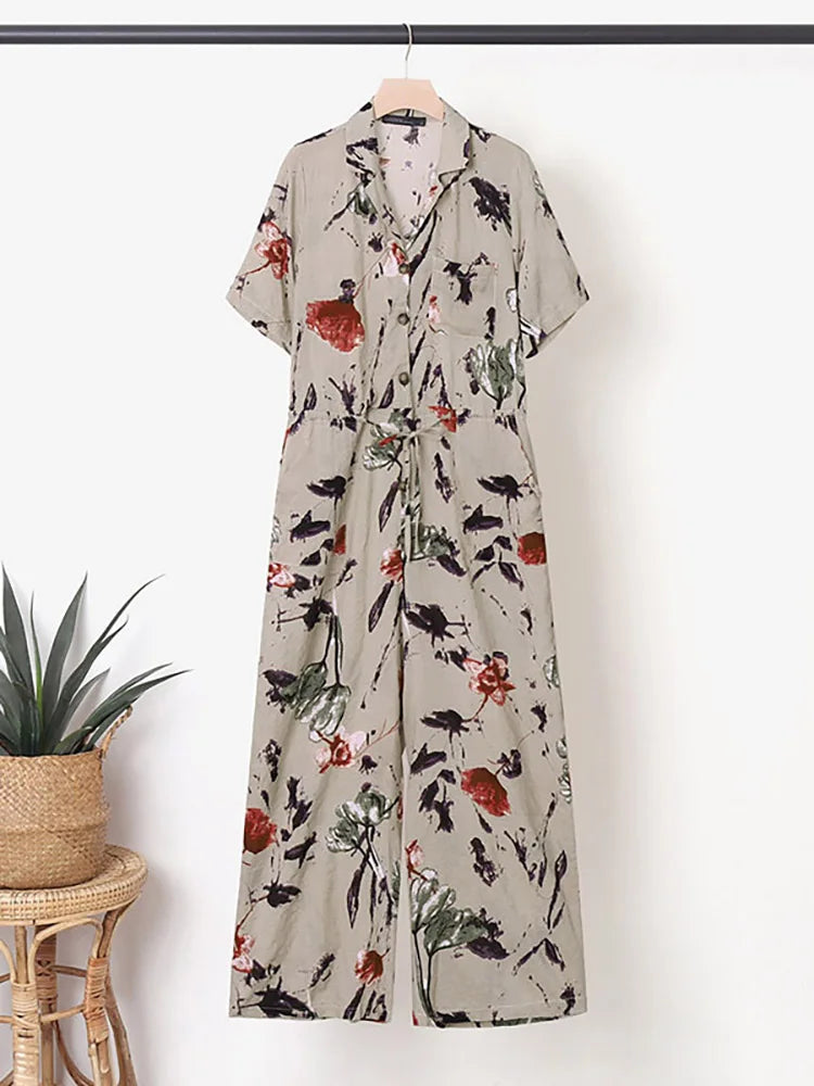 Dames Jumpsuit Bloemprint Zomerjurk Lange Mouwen