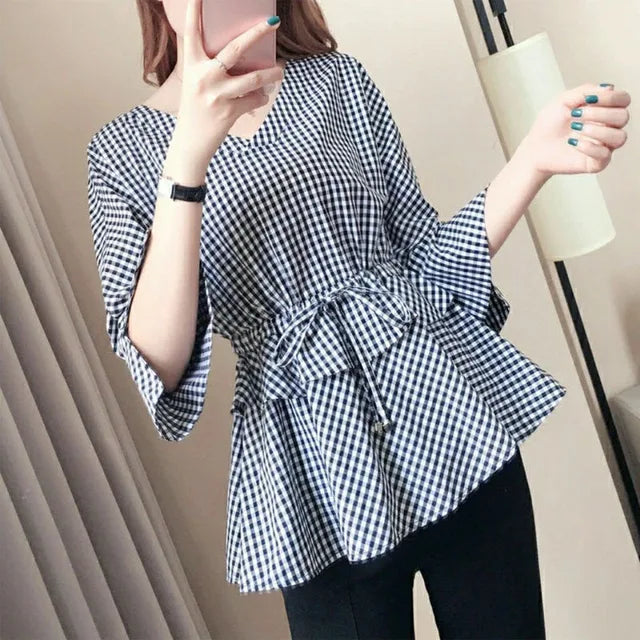 V-hals Blouse Geruit Zomerse Jurkachtig Model - StudioMarella