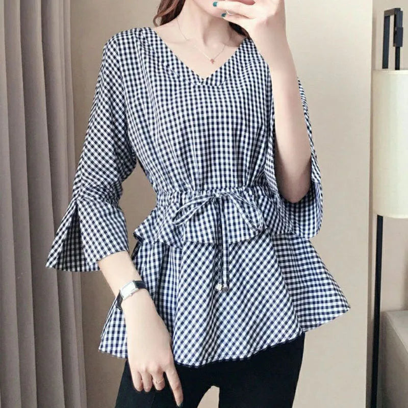 V-hals Blouse Geruit Zomerse Jurkachtig Model