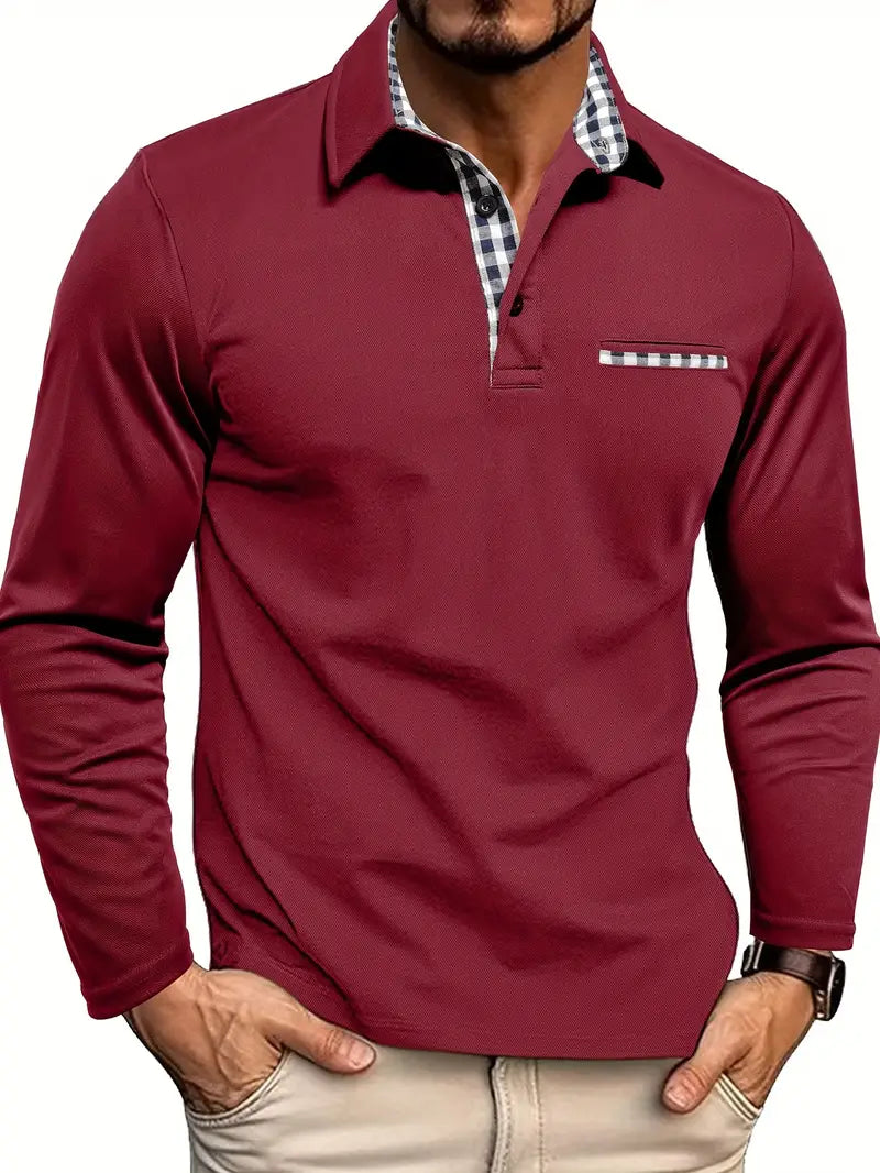 Heren Poloshirt Longsleeve Met Contrastkraag en Borstzak