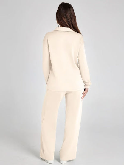 Dames Herfst Outfit: Warme Tweedelige Set met V-Hals Trui en Wijde Broek