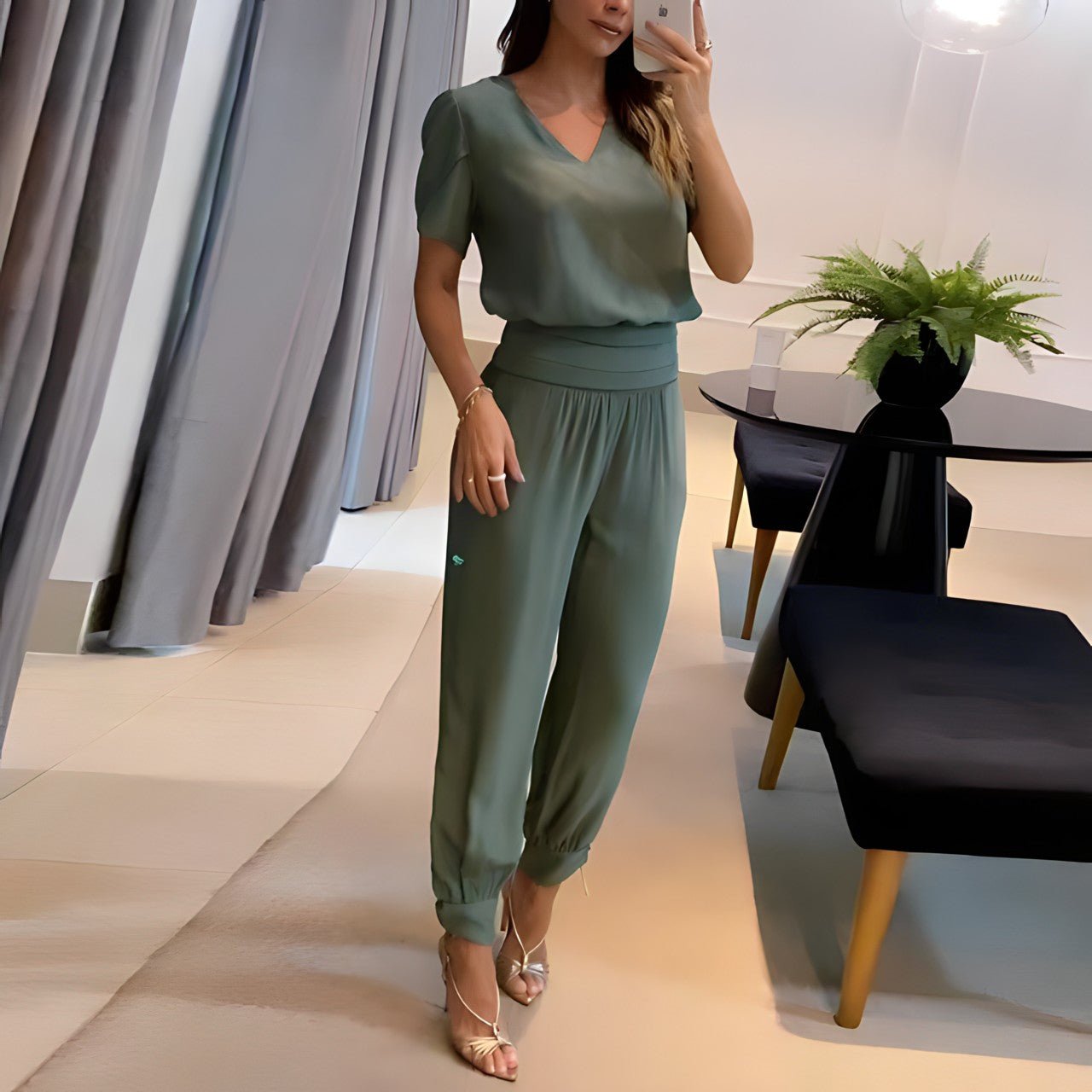 Dames Broek Blouse Set met Pofmouwen Elastisch