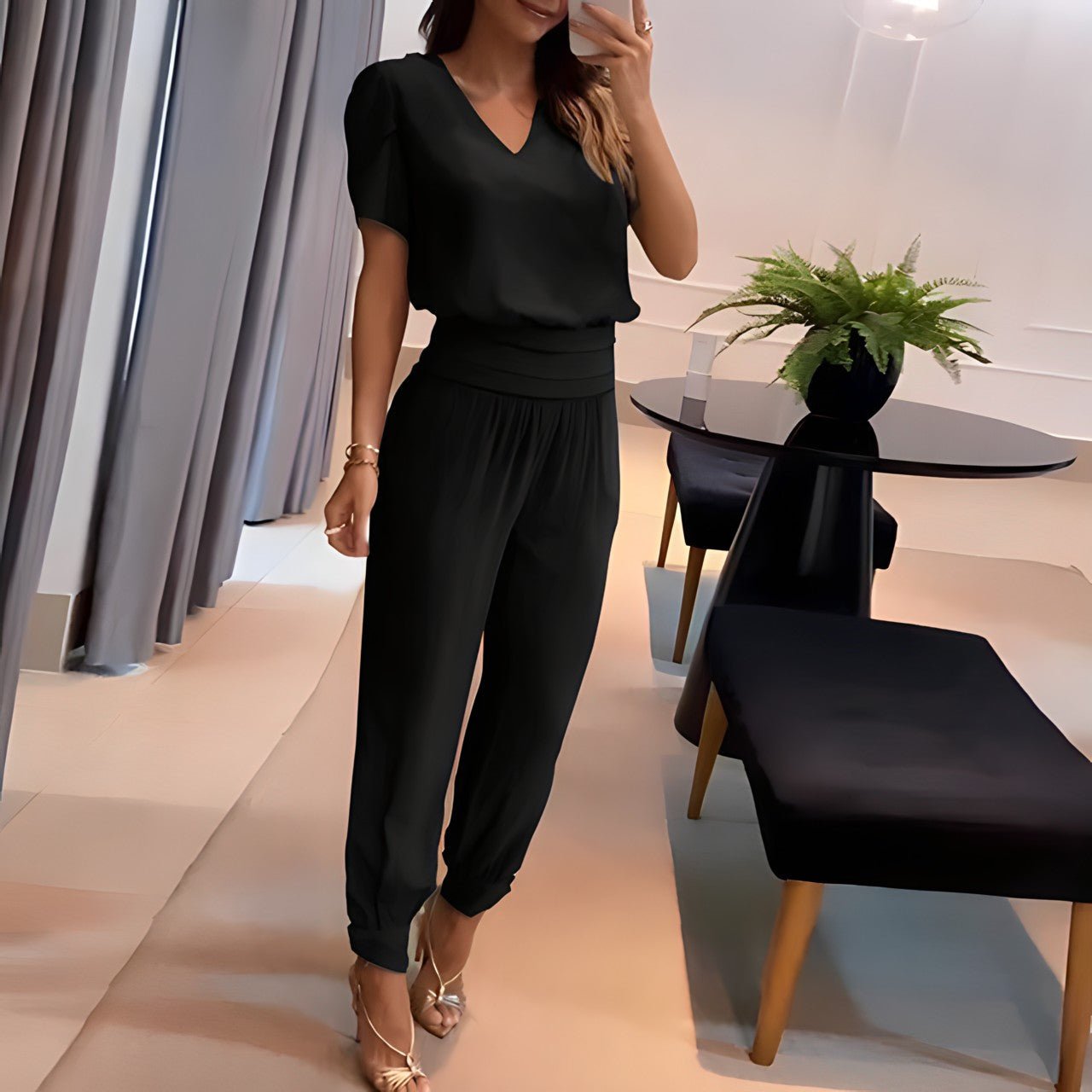 Dames Broek Blouse Set met Pofmouwen Elastisch